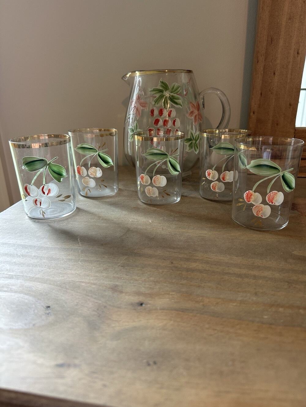 Vintage Clear Glass Ball Pitcher & 5 Tumblers Hand Painted Grapes and Cherries